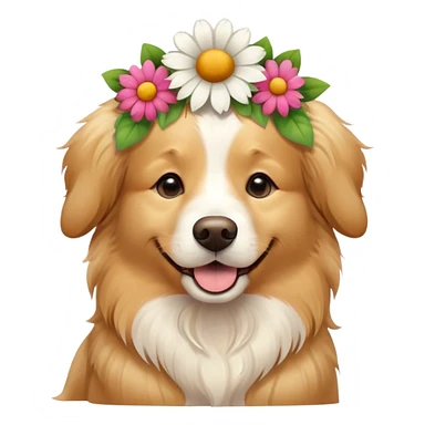 A golden retriever dog with a flowers on head sticker