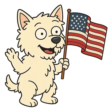 West Highland White Terrier holding and waving an American flag, flat toon cartoon style sticker