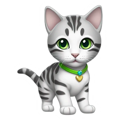 cute light white and grey domestic shorthair tabby with green and blue eyes black pupils, walking and playing wearing a cute costume female sticker