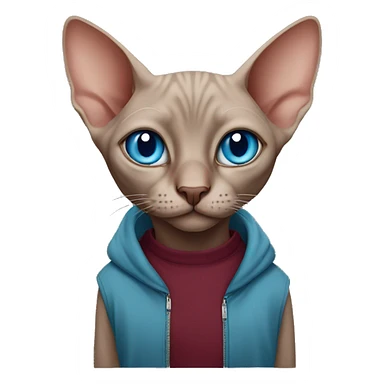 sphinx cat with blue eyes in a burgundy sweatshirt sticker