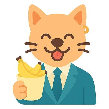 cat with a dog nose, wearing a suit, earring, holding a cup of bananas, playful expression sticker
