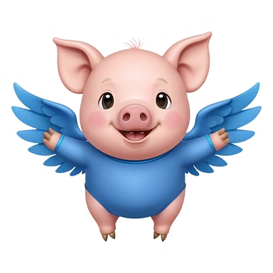 Create a cheerful, realistic cartoon character of a pig with a round body, wearing a blue outfit and small wings, smiling joyfully sticker