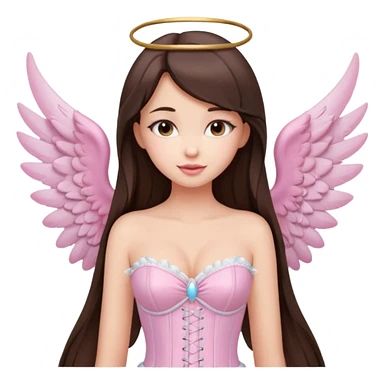 cute brunette girl, full lips, long straight hair, light makeup, pastel pink corset top, angel wings, smirk sticker