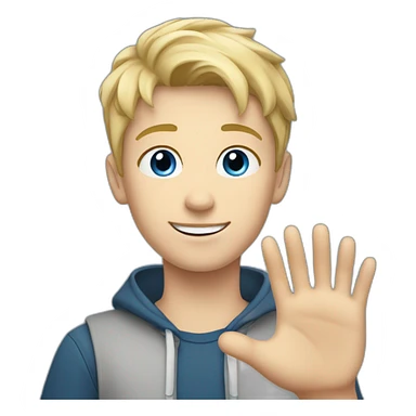 Blonde teen boy with medium short hair, blue eyes, waving hi with one hand to the camera sticker