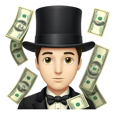 man wearing a tophat full of dollar bills sticker