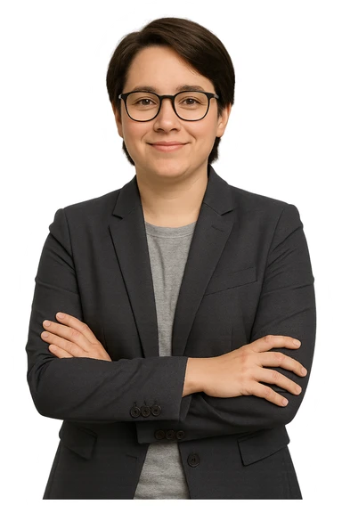 gender neutral marketer with glasses, standing with arms crossed, wearing a blazer, approachable look, simple background sticker