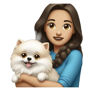 Brunette girl with light skin and blue eyes holding a white pomeranian  sticker