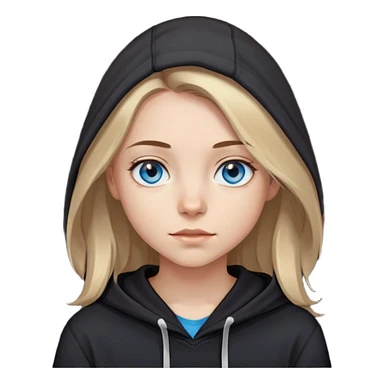 girl with blue eyes, shoulder-length brown hair with light blonde streaks, wearing a black hoodie sticker