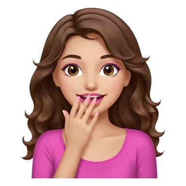 girl with long wavy brown hair, brown eyes, long lashes makeup, sexy pink lips, light to medium complexion, wearing a pink sexy top, sexy, giggling hand covering mouth sticker