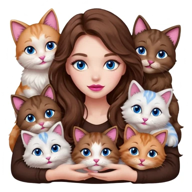 girl with long wavy brown hair, blue eyes, long lashes makeup, sexy pink lips, cuddling with 6 cats sticker