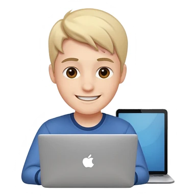 college student smiling in front of his laptop sticker