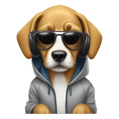 Dog wearing a hoodie with headphones and sunglasses sticker