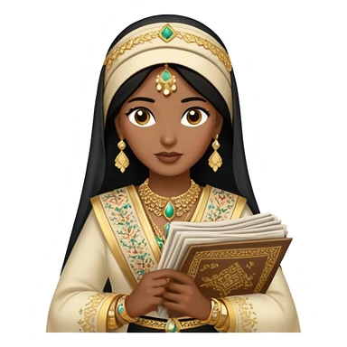 a khaleeji woman dressed in a traditional embroidered outfit,  black hair and a lot of gold accessories holding newspapers  sticker