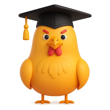 Add a graduation cap to the clever chicken, 3d emoji style, no background. sticker