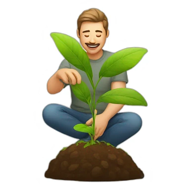 man patting a plant sticker