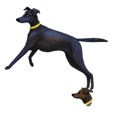  brindle brown black maroon gold lurcher Alsatian fox running blue eyes and iridescent holographic oilslick harness wearing paper iridescent tropical flower crown yellow caution tape sticker