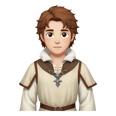 medieval spring outfit worn by a DnD themed fantasy male character. cotton tunic with sleeves rolled to the elbow, featuring a light fur-lined collar for chilly mornings. clothes only above the waist. The clothes full waist. The character's haven't arms. character is white-skinned, chestnut brown hair, amber eyes, shoulder-length messy hair. sticker