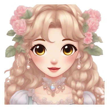 Gorgeous anime style lady with blushing face and accessories cottagecore fairycore Kawaii anime colorful pearly romantic aesthetic trending style sticker