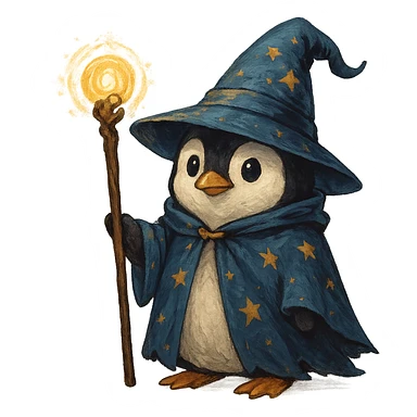penguin wizard, magical staff, wearing a wizard hat sticker