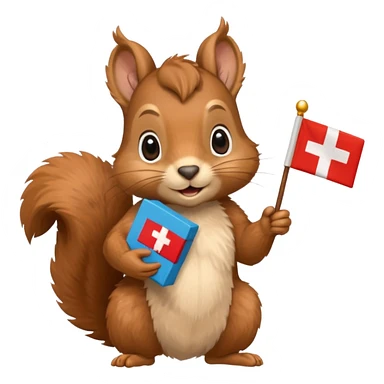 squirrel holding a gift in one hand and a Swiss flag in the other hand sticker
