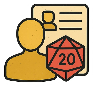 minimalist icon representing Player for DnD TTRPGs with silhouette, D20 dice, or character sheet, worn and distressed look sticker