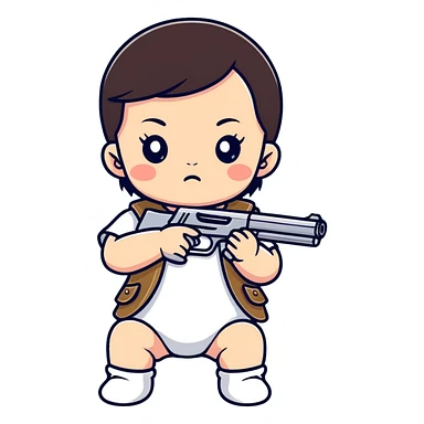 Brunette baby with gun sticker