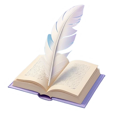 Create a delicate and poetic emoji representing poetry. The design should feature several elegantly flying pages with short poetic columns written on them. The pages should appear light and flowing, almost as if being carried by the wind. Include a white feather gently resting on the pages, symbolizing creativity and inspiration. Use soft, pastel tones like light blues, purples, and creams to give it a dreamy, artistic feel. The design should feel ethereal and whimsical, capturing the essence of poetry. Make the background transparent. sticker