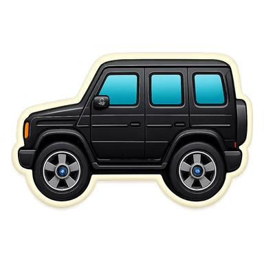 Remove the white outline from the simple, cartoonish Mercedes G-Class emoji. Keep the minimal, rounded, glossy style with a black body, large windows, and wheels. Ensure no background is present. sticker