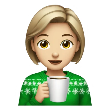 Light brown short haired girl with green eyes drinking coffee wearing Christmas sweater sticker