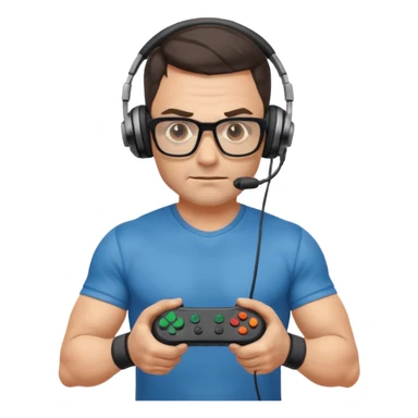 
gamer, Very fit muscular 40-year-old with youthful looks glasses, headphone, gamepad sticker