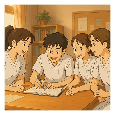 Groupe de quatre étudiants infirmiers, style Ghibli, en train de collaborer à l'intérieur. Uniformes blancs, tuniques col en V, poche poitrine à gauche, manches courtes, avant-bras nus, pas de stéthoscopes ni pied de col, cheveux longs attachés. Scène dynamique et chaleureuse. sticker