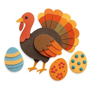wild turkey in paper craft style, layered paper details, colorful feathers, fanned tail, surrounded by decorated Easter eggs sticker