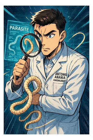 A dynamic manga/webtoon-style illustration of a young male kinesiologist wearing a clean white lab coat, analyzing light beige worms like a tapeworm under a magnifying glass. His expression is focused and slightly intrigued, with sharp, detailed eyes. The art style is vibrant, with bold linework, rich colors, and dramatic lighting. The background is a futuristic laboratory with glowing holographic screens displaying parasite data. The tapeworm is intricately drawn, slimy and segmented, with a slightly exaggerated yet realistic texture. The composition is dynamic, with motion lines or energy effects to emphasize his scientific investigation. The atmosphere is intense but not dark, keeping a balance between scientific seriousness and stylish manga aesthetics, he has "ANTONIO ANANIA" WRITTEN ON WHITE LAB COAT sticker