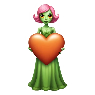 a green alien woman in Victorian orange dress, pink hair,holdig, red big hearth, full body sticker