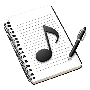 Minimalistic flat vector icon, iOS style, thin black contour on white background. Small notebook with a musical note on the cover, a pen placed next to it. Clean, modern, no text, no shadows. sticker