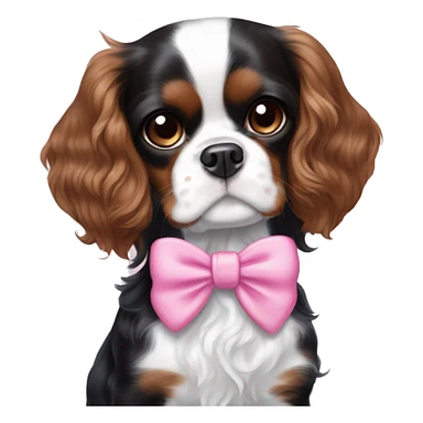 black and white cavalier king charles spaniel with a pink bow held by a white girl with brown curly hair with highlights, blue eyes sticker