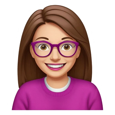 50 yr Caucasian woman, long brown hair parted on side, brown eyes, glasses, big smile, white teeth, fuscia sweater sticker