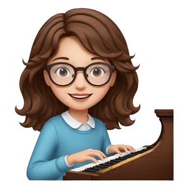 girl brown hair wavy. round glasses eye. playing piano sticker
