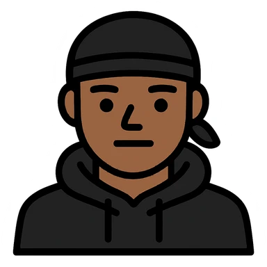 Edit the image to make the man look like the people emojis style with a clean-shaven face (remove the beard). Change the durag to black while keeping the black hoodie and the overall icon look consistent with people emojis style. sticker