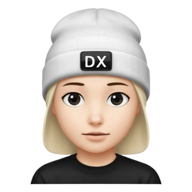 wearing a white beanie with an black square logo with the word "DX" written on it.

 sticker