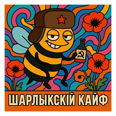 A cartoon bee with a Russian vibe, wearing a ushanka hat, looking mischievous with a sly grin, holding a tiny bottle labeled with a mysterious symbol, surrounded by psychedelic swirls and poppy flowers, with the text 'Шарлыкский Кайф' in bold Cyrillic letters sticker