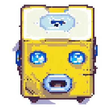 Geometry Dash inspired emoji, yellow cube with blue eyes and mouth, pixel art style sticker