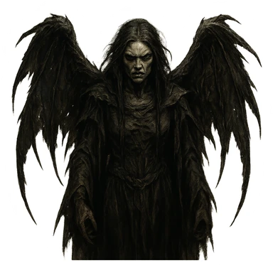 A dark angel with tattered wings and a fierce expression, in a dark, eerie fantasy style. sticker