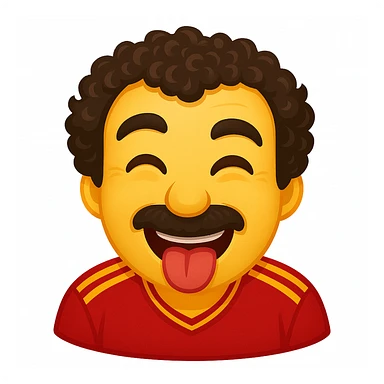 Create a fun emoji-style face based on the character in the reference image. Keep the curly hair, mustache, and red sports shirt with yellow stripes. Make the face expressive and recognizable as a playful emoji, capturing the character's playful personality in an emoji style. sticker