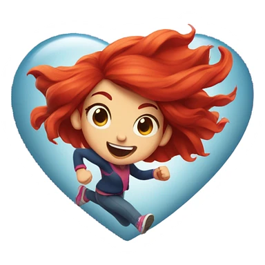 Red haired girl running from heart sticker