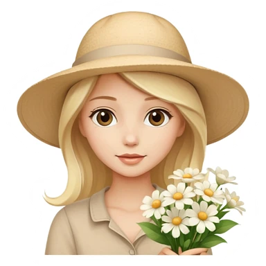 beautiful blonde girl in a summer beige hat with a bouquet of white flowers sticker