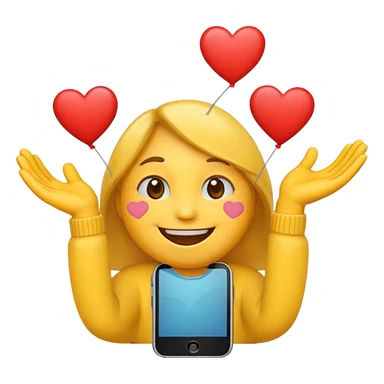 Emoji with hearts around holding phone sticker