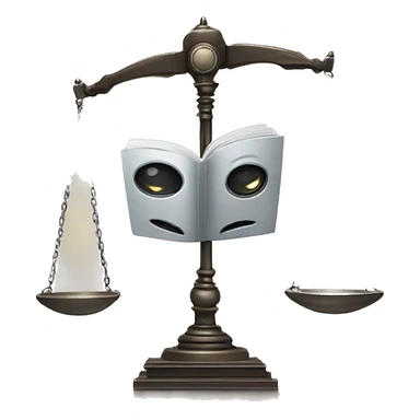 a balance of justice with a robot head on one side and a book on the other side sticker