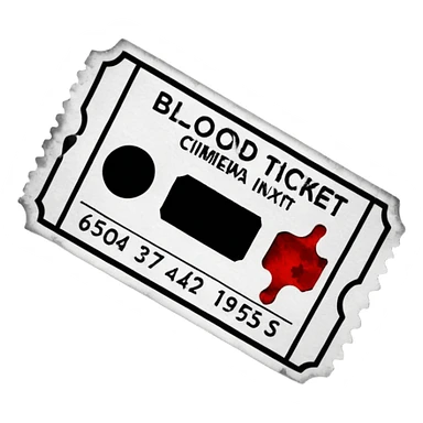 Minimalist emoji-style sticker of an old torn cinema ticket, blood-stained edges and burn holes, grayscale paper

 sticker