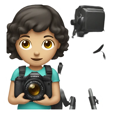 a girl with dark hair and a camera sticker